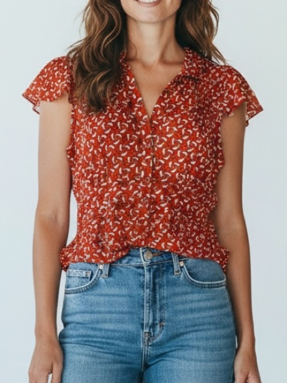 Zara Basic Flutter Sleeve Button Front Blouse Burnt Orange Retro Boho Top